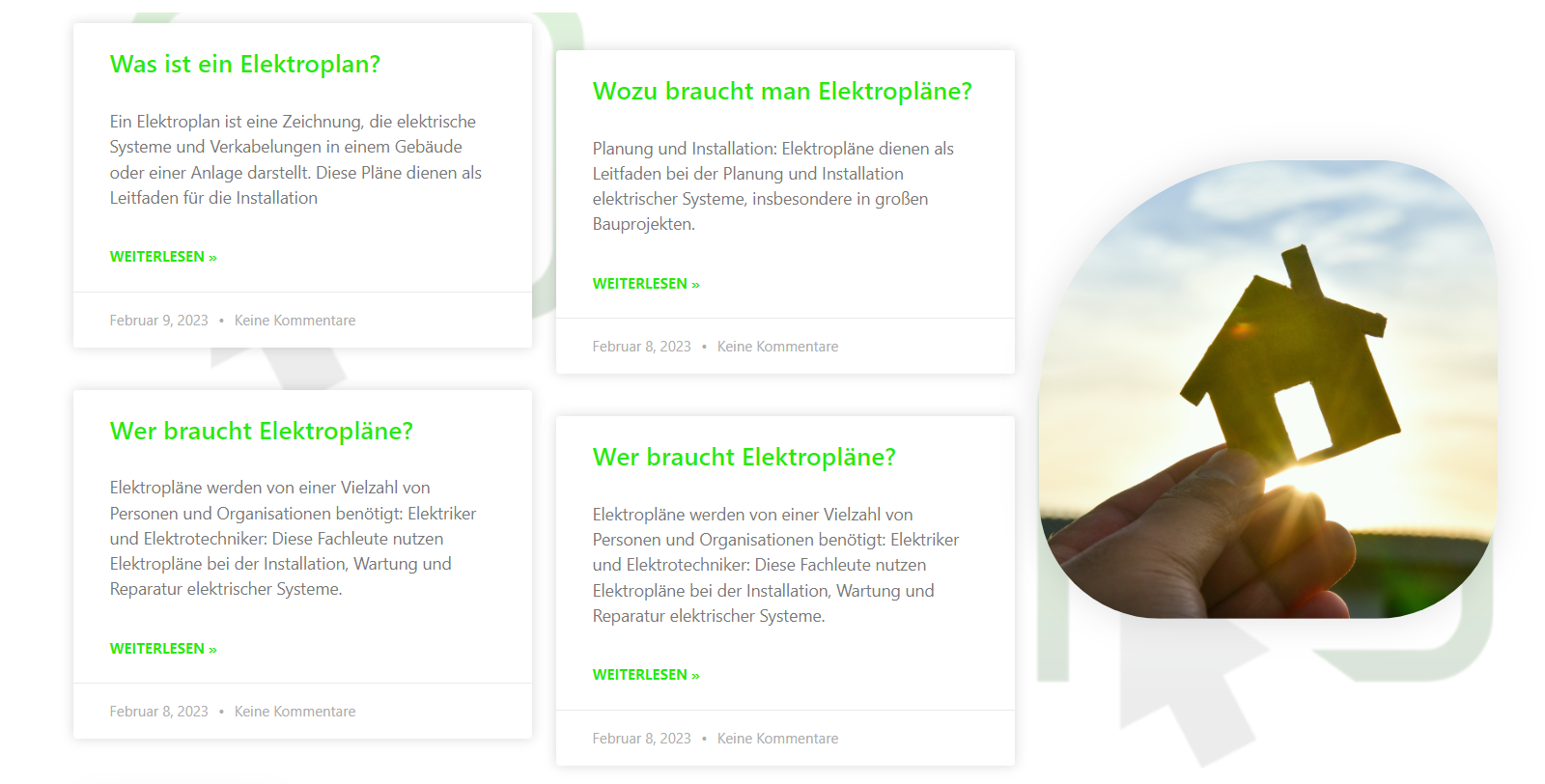 Screenshot von Blogbeiträgen rund um das Thema Elektropläne