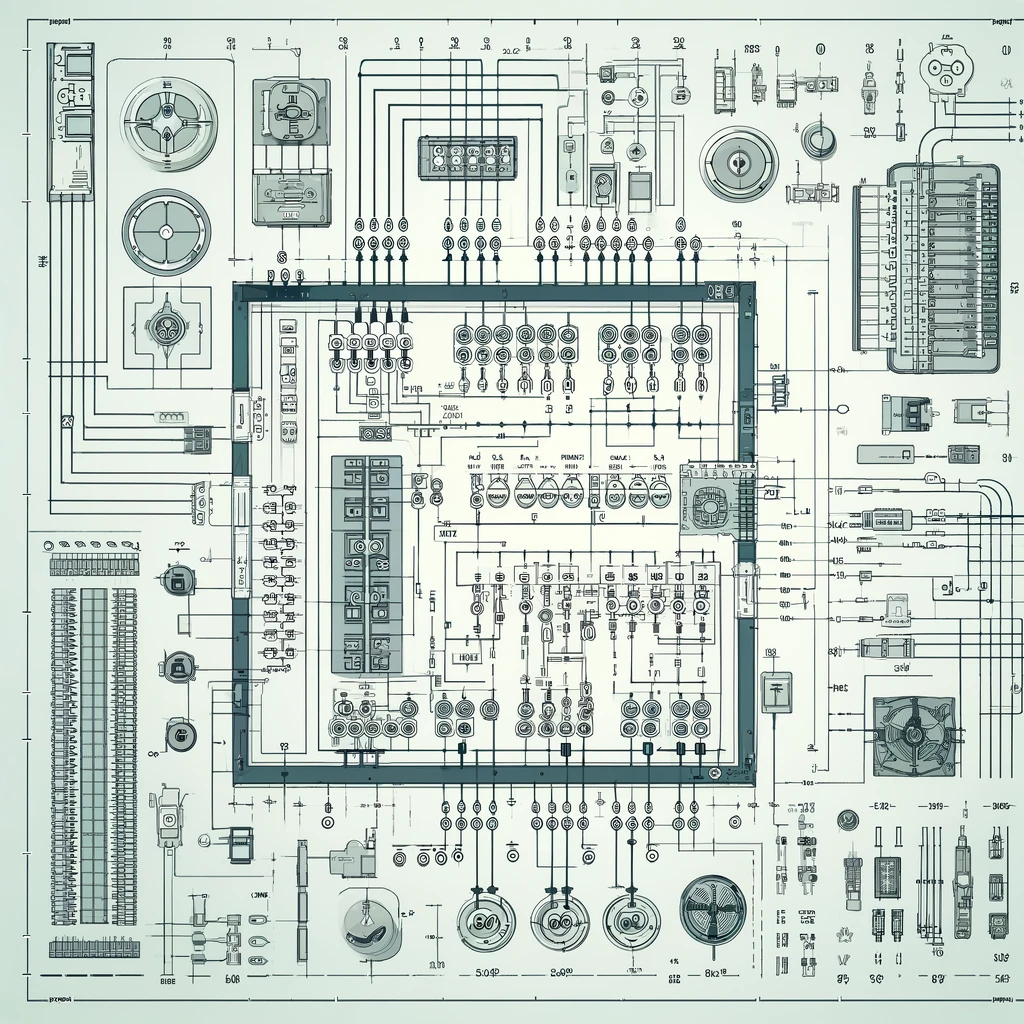 Technische Schaltung Diagramm mit Bauteilen und Verbindungen.